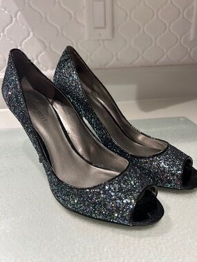 Nine West Glitter Peep-Toe Heels in Black Multi-Glitter